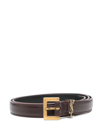 Saint Laurent Cassandre Thin Belt With Square Buckle In Box Leather In Brown