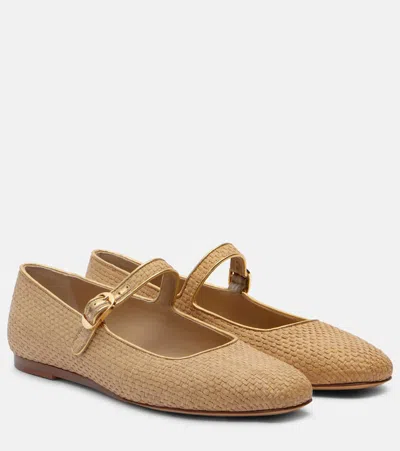 Le Monde Beryl Leather-trimmed Raffia Mary Jane Flats In Brown
