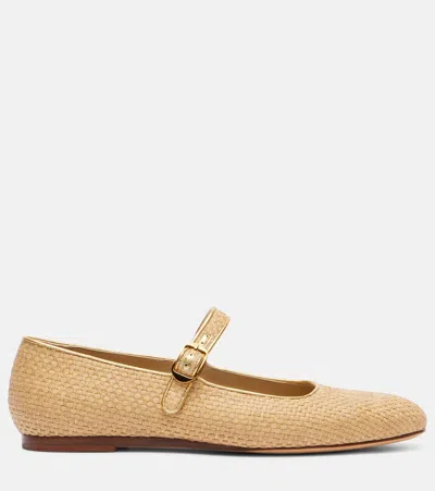 Le Monde Beryl Leather-trimmed Raffia Mary Jane Flats In Brown