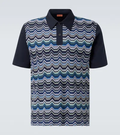 Missoni Short Sleeve Polo With Geometric Zigzag Pattern In Blue