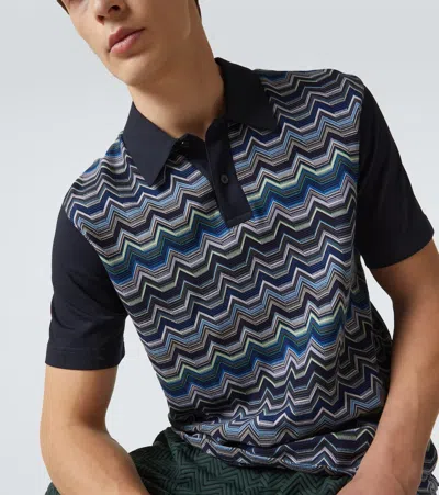 Missoni Short Sleeve Polo With Geometric Zigzag Pattern In Blue