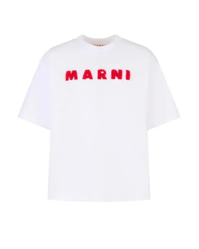 Marni White Cotton T-shirt With Mohair Patches