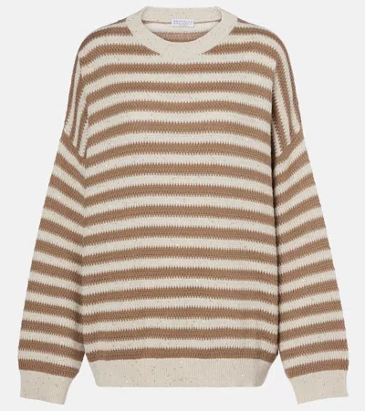 Brunello Cucinelli Sequin-embellished Striped Cotton-blend Sweater In Pattern