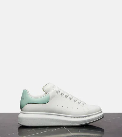 Alexander Mcqueen White Leather Sneakers With Sea Green Leather Heel In Animal Print