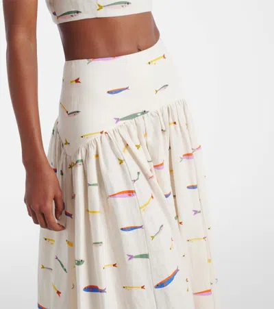 Staud Procida Gathered Printed Linen Maxi Skirt In Multi