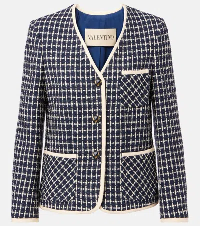 Valentino Boucle Wool Blend Jacket With Contrast Trim In Blue