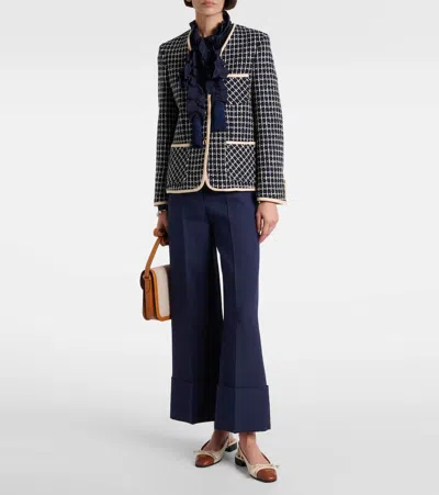 Valentino Boucle Wool Blend Jacket With Contrast Trim In Blue