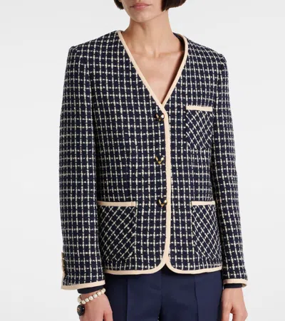 Valentino Boucle Wool Blend Jacket With Contrast Trim In Blue