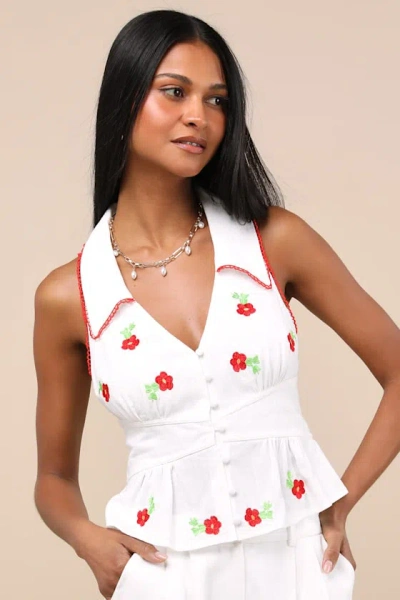 Lulus Ayah White Embroidered Collared Button-front Top In Animal Print