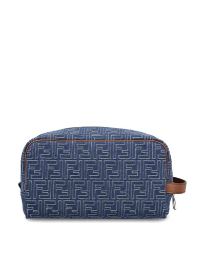 Fendi Medium Toiletry Case In Denim-effect Ff Jacquard