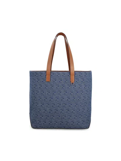 Fendi Men Blue Shopper With Long Handles And All Over Ff Motif In Cotton Man In Blue