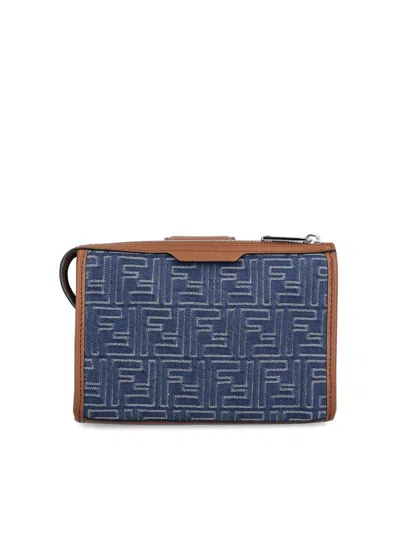 Fendi Denim-effect Ff Jacquard And Leather Double Baguette Bag In Blue