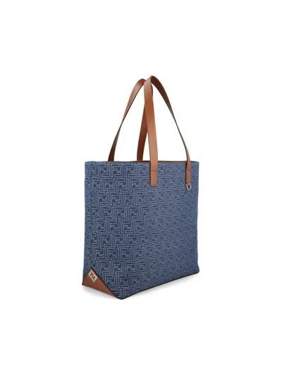 Fendi Men Blue Shopper With Long Handles And All Over Ff Motif In Cotton Man In Blue