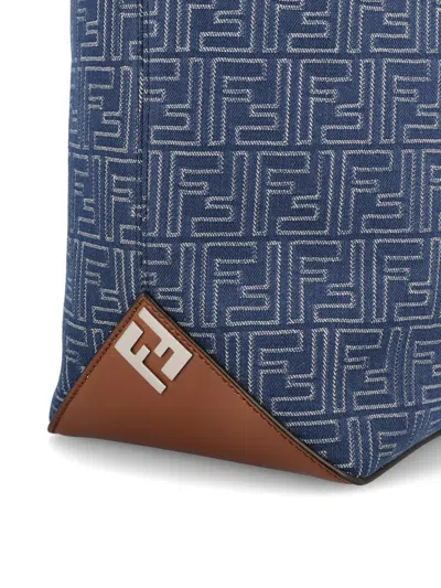 Fendi Men Blue Shopper With Long Handles And All Over Ff Motif In Cotton Man In Blue