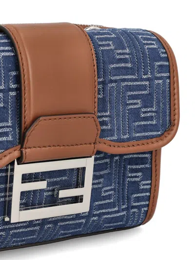 Fendi Denim-effect Ff Jacquard And Leather Double Baguette Bag In Blue