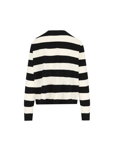 Max Mara Striped Cream Wool Sweater With Embroidered Logo Detail In Black