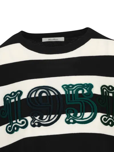 Max Mara Striped Cream Wool Sweater With Embroidered Logo Detail In Black