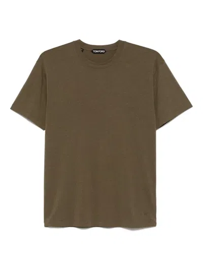 Tom Ford Military Green Crewneck T-shirt With Tf Embroidery In Lyocell And Cotton Blend Man