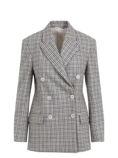 Brunello Cucinelli Beige Double-breasted Jacket With Peak Revers And All-over Check Motif In Wool Woman