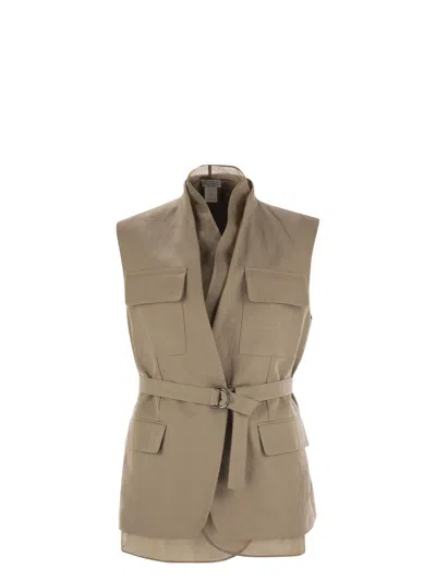 Brunello Cucinelli Women Cotton And Linen Cover Gilet With Detachable Organza Insert And Necklace In Brown
