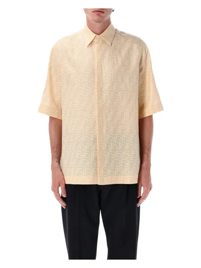 Fendi Men Yellow Shirt With Wide Short Sleeves And All-over Ff Motif In Linen Blend Man In Pink