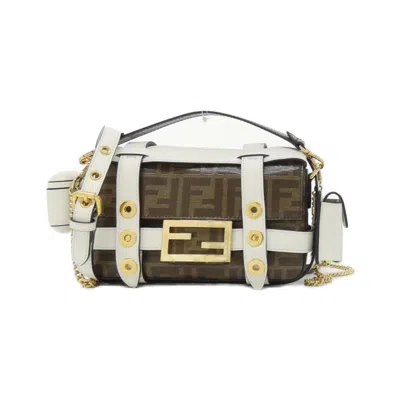 Pre-owned Fendi Brown White Coated Canvas Leather Shoulder Bag ()