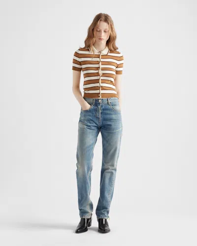 Prada Striped Short-sleeve Polo Sweater