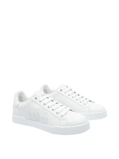 Dolce & Gabbana Portofino Low-top Leather Sneakers With Lateral Monogram In Neutral