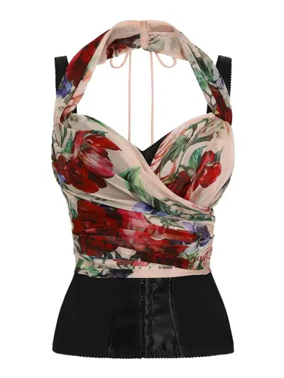 Dolce & Gabbana Flower Print Marquisette And Chiffon Bustier Top