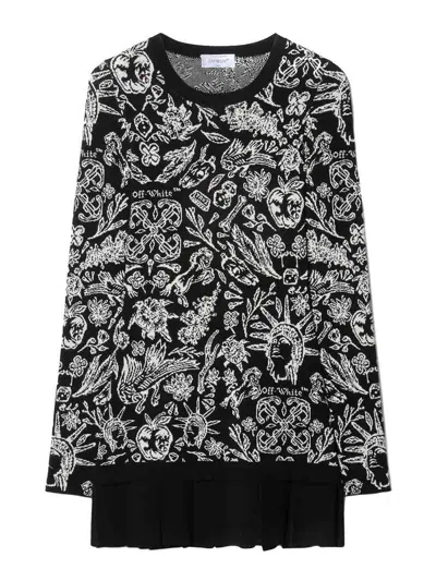 Off-white Crew Neck Floral Pattern Long Sleeves Dress In Black