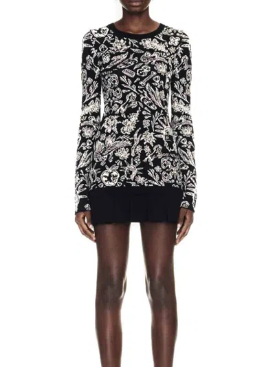 Off-white Crew Neck Floral Pattern Long Sleeves Dress In Black