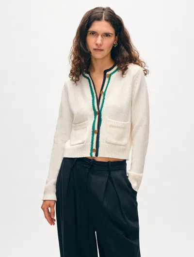 White + Warren Lofty Cotton Crochet Trim Cardigan Sweater In Ivory/navy Blue Teal