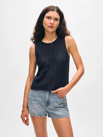 White + Warren Hand-crocheted Lofty Cotton Sleeveless Tank Top In Deep Navy Blue
