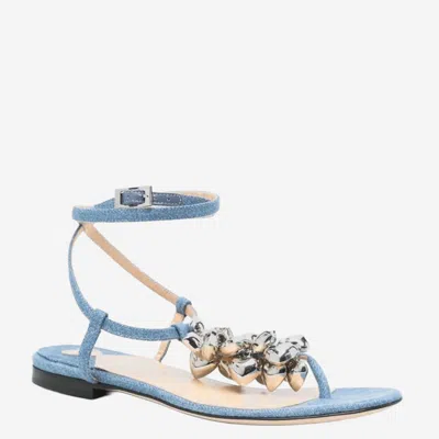 Mach&mach Cotton And Leather Sandals With Heart-shaped Pendant In Blue