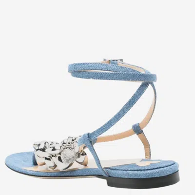 Mach&mach Cotton And Leather Sandals With Heart-shaped Pendant In Blue