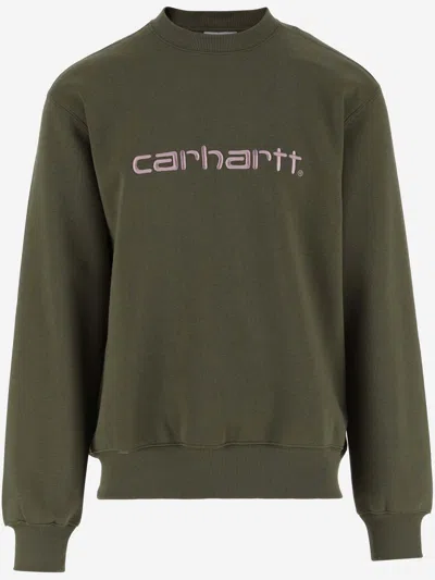 Carhartt Cotton Crewneck Sweatshirt In Military Green With Logo