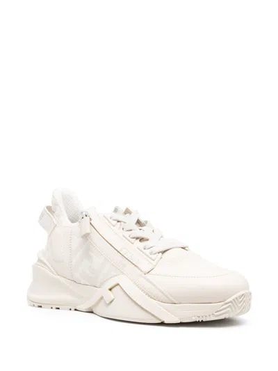 Fendi Ivory Leather And Fabric Flow Sneakers