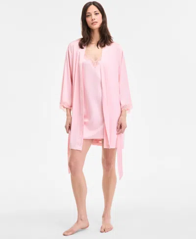 Inc International Concepts Women's Lace-trim Stretch Satin Robe, Created For Macy's In Pink