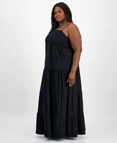 Derek Heart Trendy Plus Size Embroidered Lace Trim Sleeveless Maxi Dress In Black