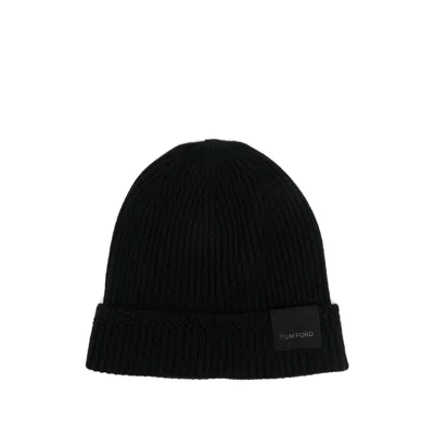 Tom Ford Mens Black Logo-patch Ribbed Cashmere-knit Beanie Hat In Black