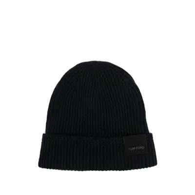 Tom Ford Mens Black Logo-patch Ribbed Cashmere-knit Beanie Hat In Black