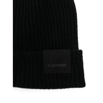 Tom Ford Mens Black Logo-patch Ribbed Cashmere-knit Beanie Hat In Black