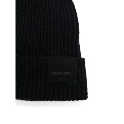 Tom Ford Mens Black Logo-patch Ribbed Cashmere-knit Beanie Hat In Black