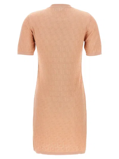 Fendi Cotton Short Sleeve Dress With Textured Pattern In Neutral