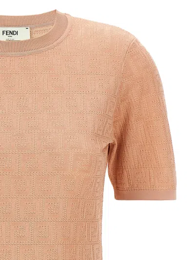 Fendi Cotton Short Sleeve Dress With Textured Pattern In Neutral