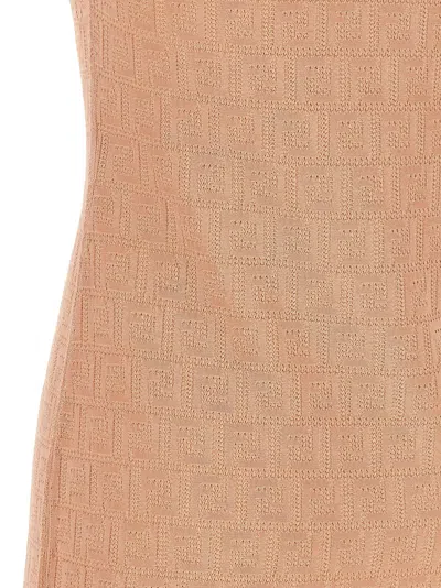 Fendi Cotton Short Sleeve Dress With Textured Pattern In Neutral