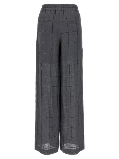 Brunello Cucinelli Check Linen Palazzo Trousers With Sequin Detail