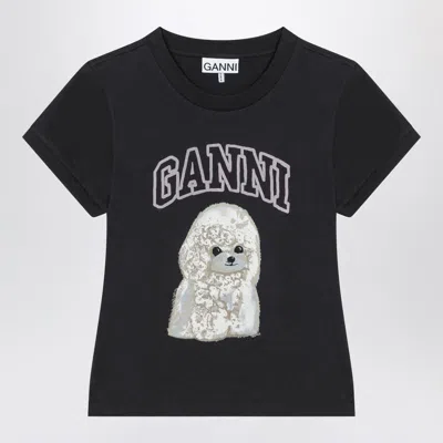 Ganni Women Black T-shirt With Round Neck And Maxi Logo On The Front In Cotton Woman In Blue
