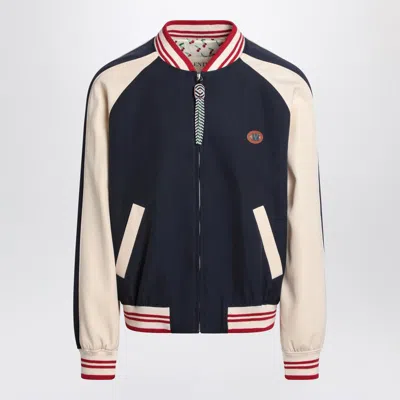Valentino Wool And Cotton Bomber Jacket With Vlogo And Chat De La Maison Patch In Blue