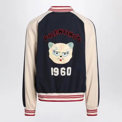 Valentino Wool And Cotton Bomber Jacket With Vlogo And Chat De La Maison Patch In Blue